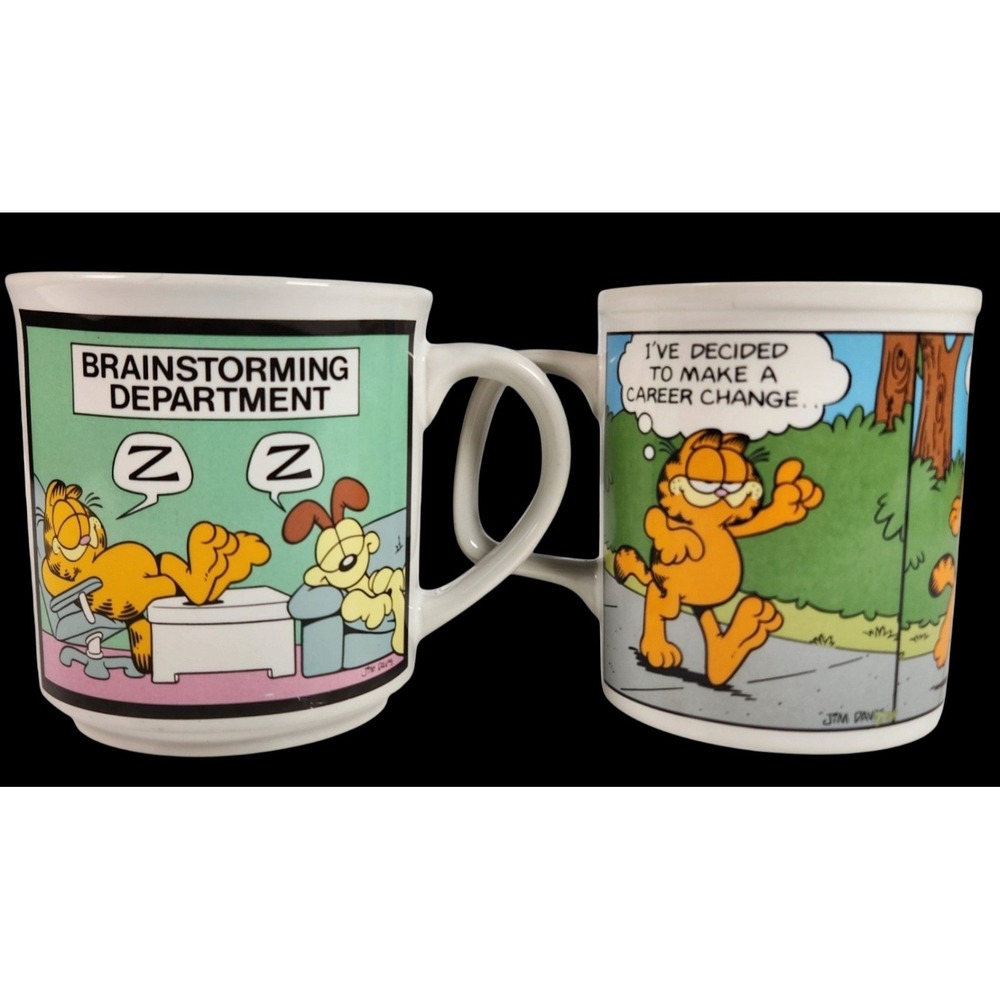 Vintage 1978 Enesco Garfield Mugs Set of 2 Retirement Brainstorming Department